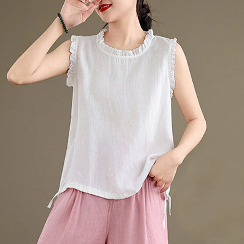 Buddha Stones Summer Ruffled Design Drawstring Crew Neck Cotton Linen Women's Sleeveless Vest