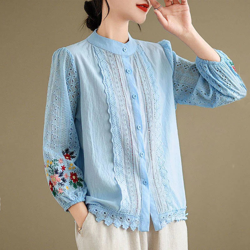 Buddha Stones Fall Lace Embroidery Flower Leaf Pattern Stand Collar Buttons Women's Long Sleeve Shirt