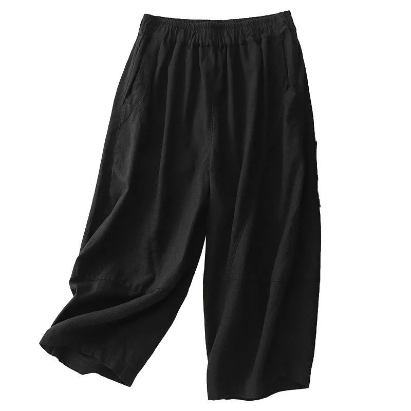 Buddha Stones Commute Casual Pure Color Women's Wide Leg Cotton Cropped Pants With Pockets