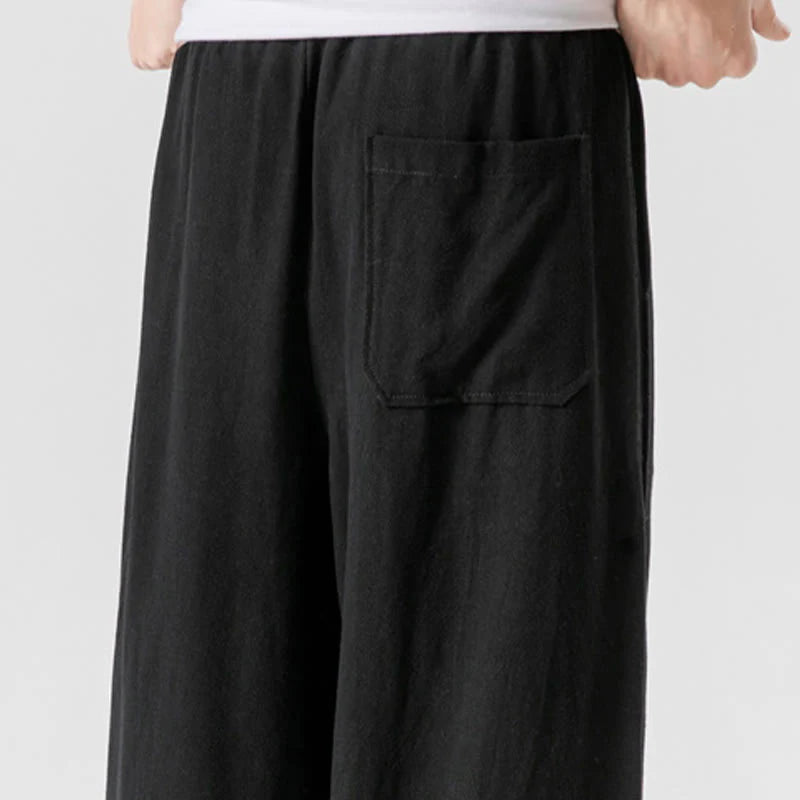 Buddha Stones Casual Loose Frog-Button Plain Men's Cotton Linen 7-8 Length Pants With Pockets