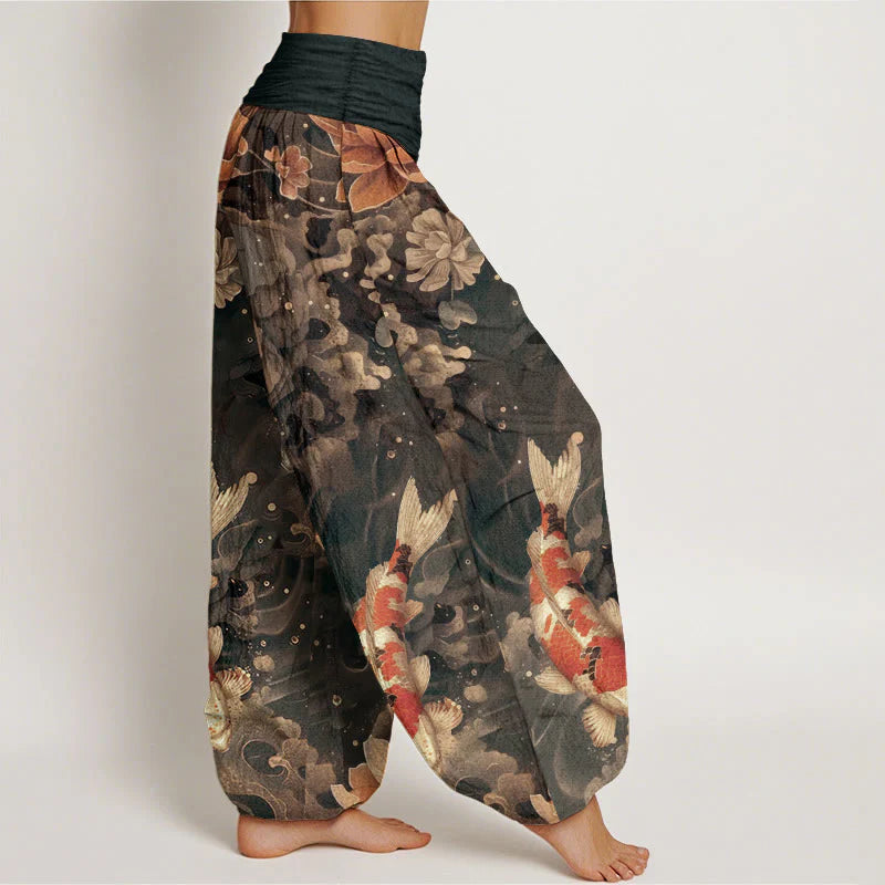 Buddha Stones Cotton Colorful Koi Fish Lotus Flowers Design Women's Elastic Waist Harem Pants