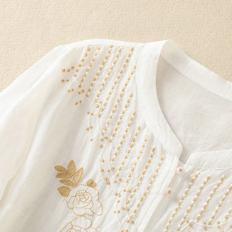 Buddha Stones Rose Floral Embroidery Button Half Sleeve Women's Cotton Shirt