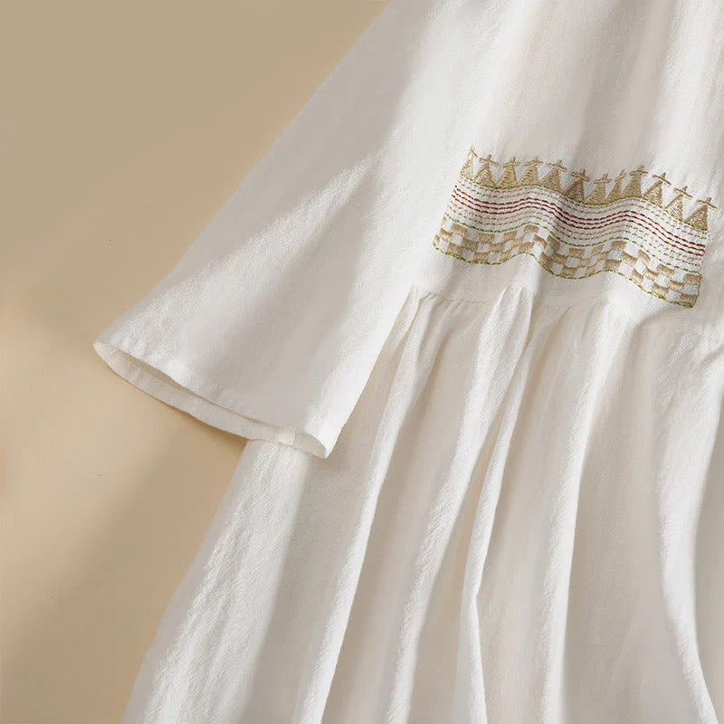 Buddha Stones Embroidery Geometry Half Sleeve Women's Midi Dress With Pockets