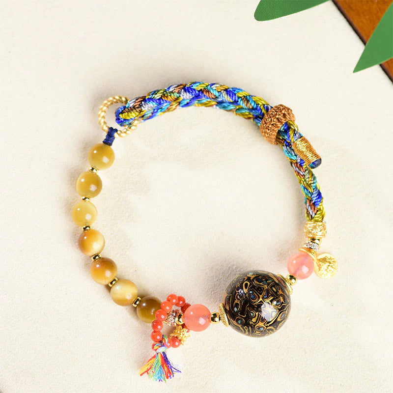 Buddha Stones Tibetan  Lacquer Bead Hand-woven Tiger Eye Stone Protection Bracelet
