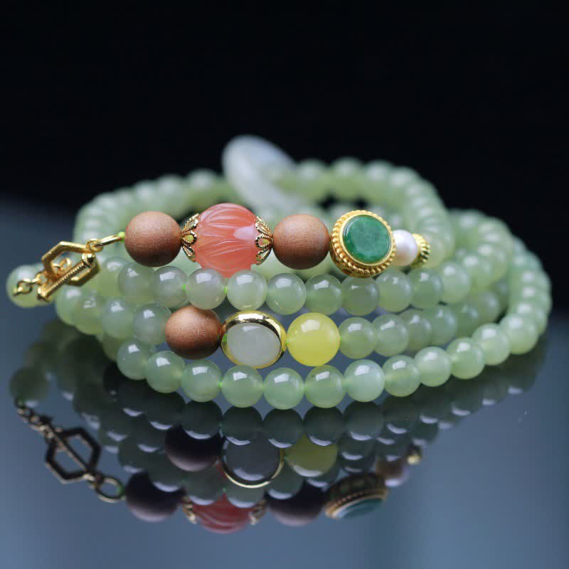 Buddha Stones Natural Hetian Jade Amber Lotus Red Agate Luck Abundance Bracelet