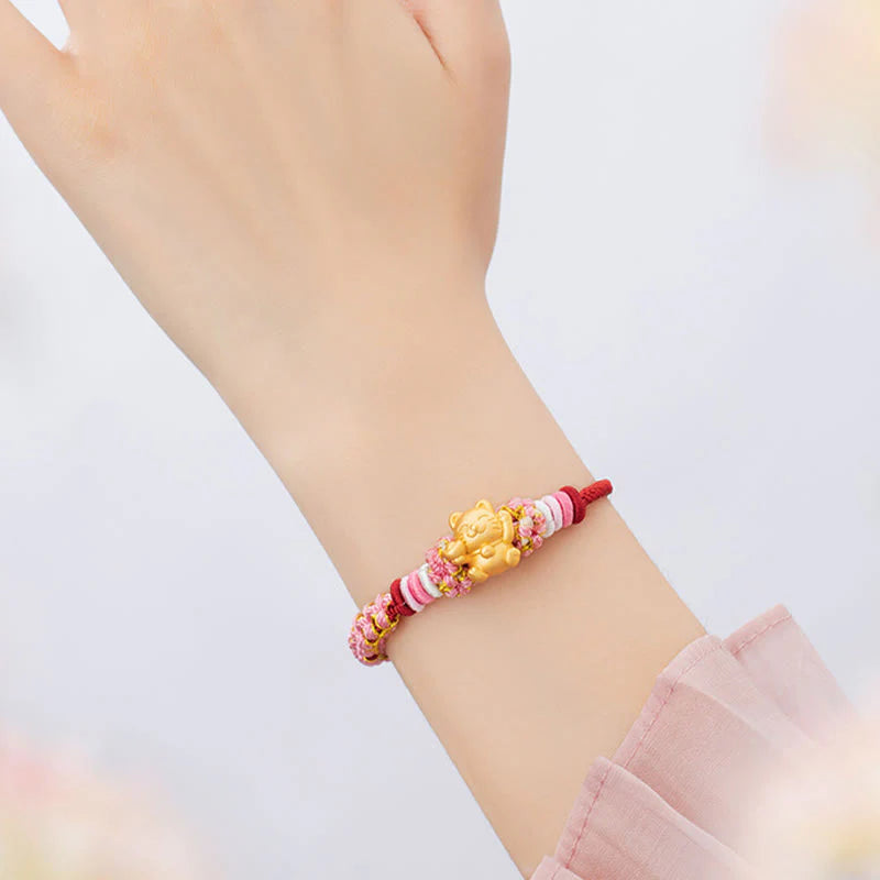 Buddha Stones Handmade 999 Sterling Silver Fortune Cat Ingot Peach Blossom Luck Red Rope Bracelet