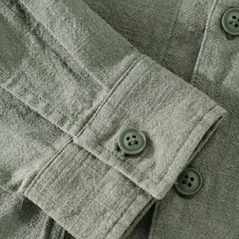 Buddha Stones Commute Fall Solid Color Lapel Men's Long Sleeve Cotton Linen Shirt With Pocket