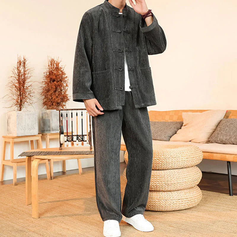 Buddha Stones 2Pcs Winter Thick Men's Tang Suit Frog-Button Cotton Corduroy Long Sleeve Jacket Pants Set With Pockets
