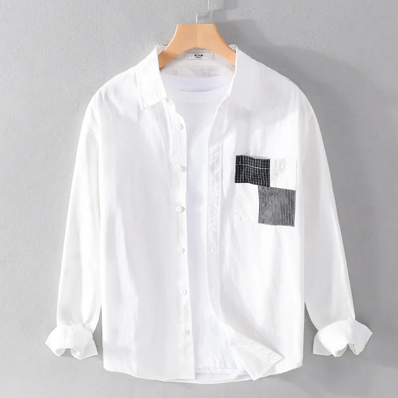 Buddha Stones Fall Square Color Blocking Decorative Pocket Buttons Down Stand Collar Long Sleeve Men's Cotton Shirt
