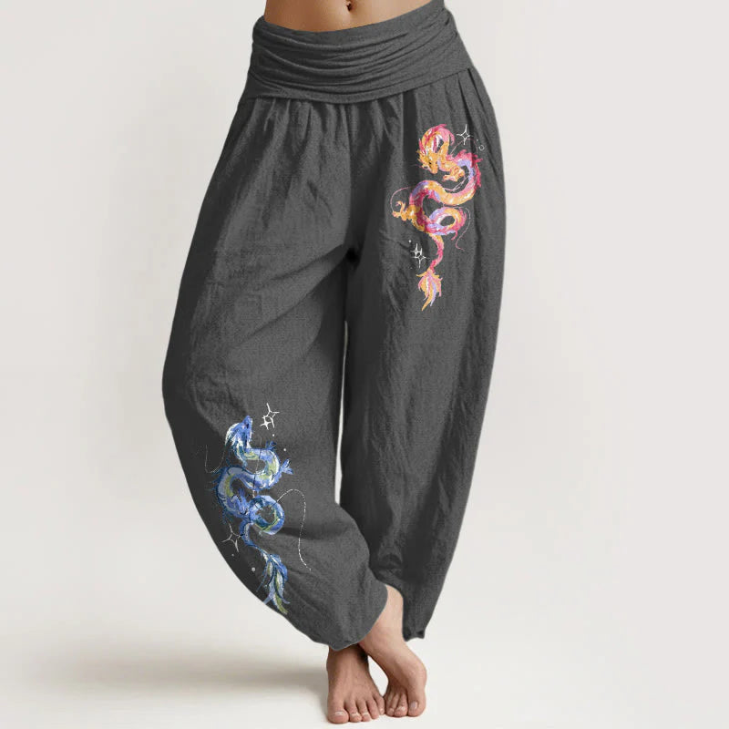 Buddha Stones Pure Cotton Striking Dragon Pattern Women's Elastic Waist Harem Pants