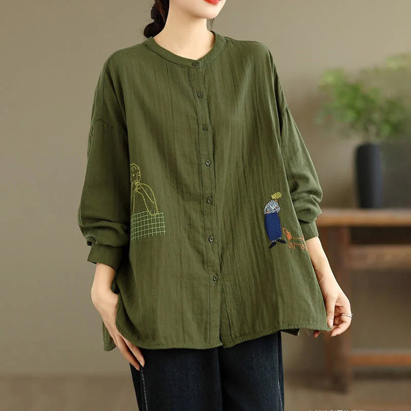 Buddha Stones Fall Embroidery Human Figure Dog Pattern Round Neck Buttons Women's Long Sleeve Shirt