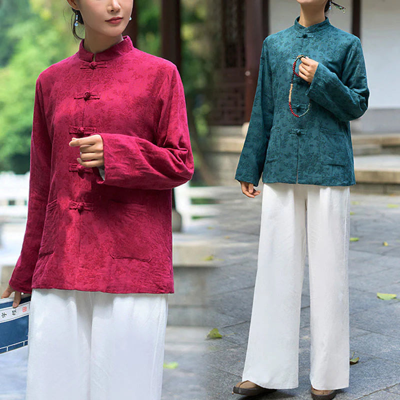 Buddha Stones Frog-Button Long Sleeve Cotton Jacquard Women's Shirt Pants With Pockets