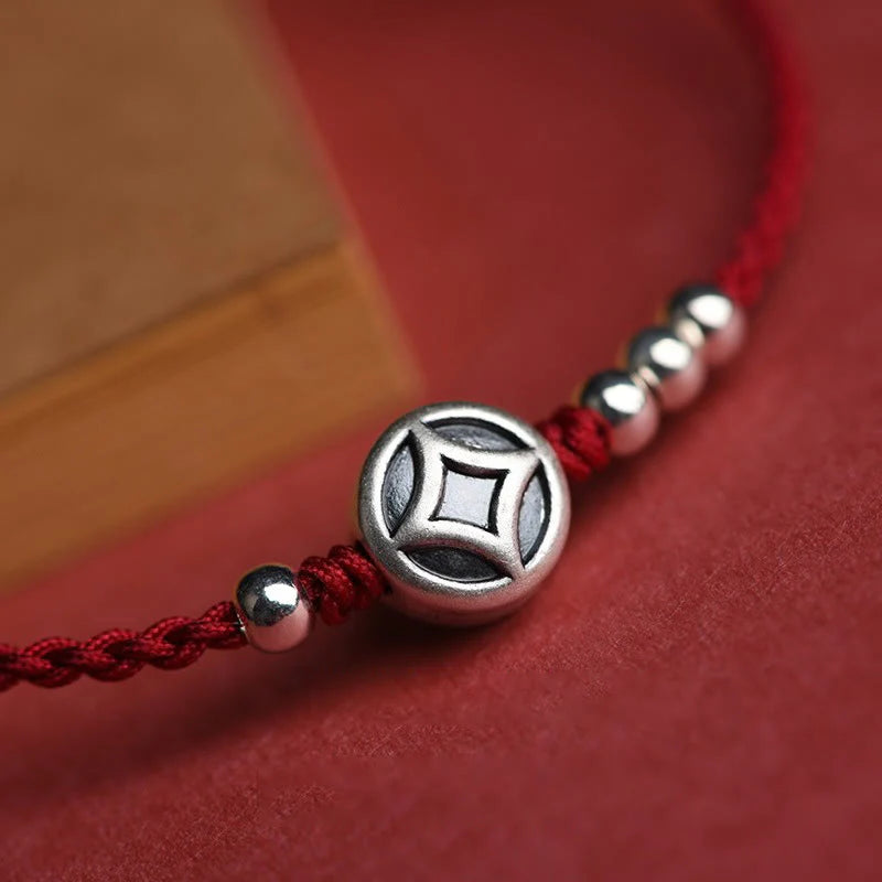 Buddha Stones 999 Sterling Silver Copper Coin Charm Handmade String Strength Bracelet Anklet