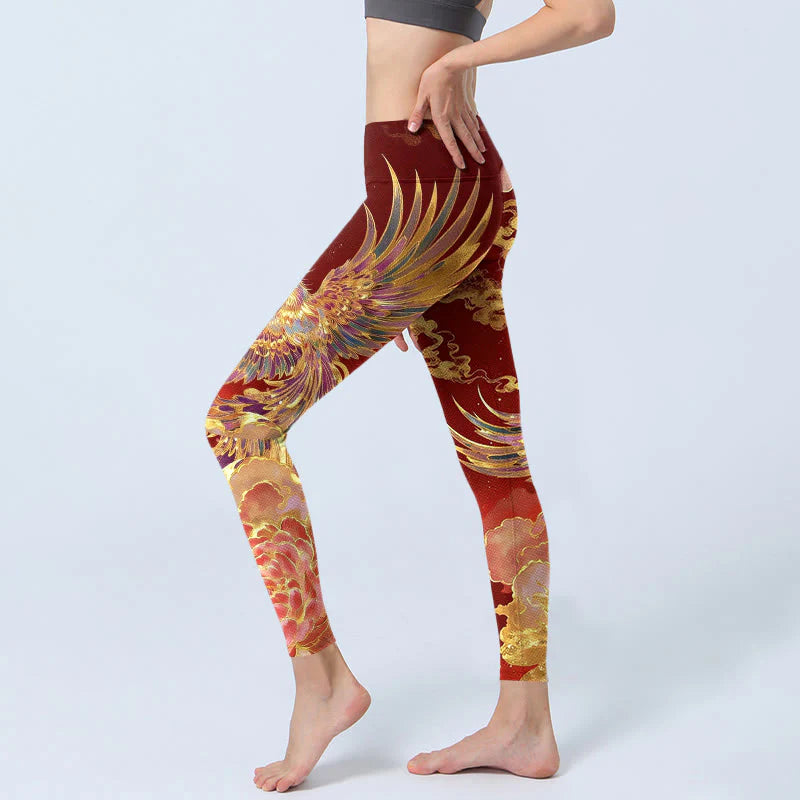 Buddha Stones Gorgeous Phoenix Peony Cloud Pattern Print Gym Leggings Women's Yoga Pants