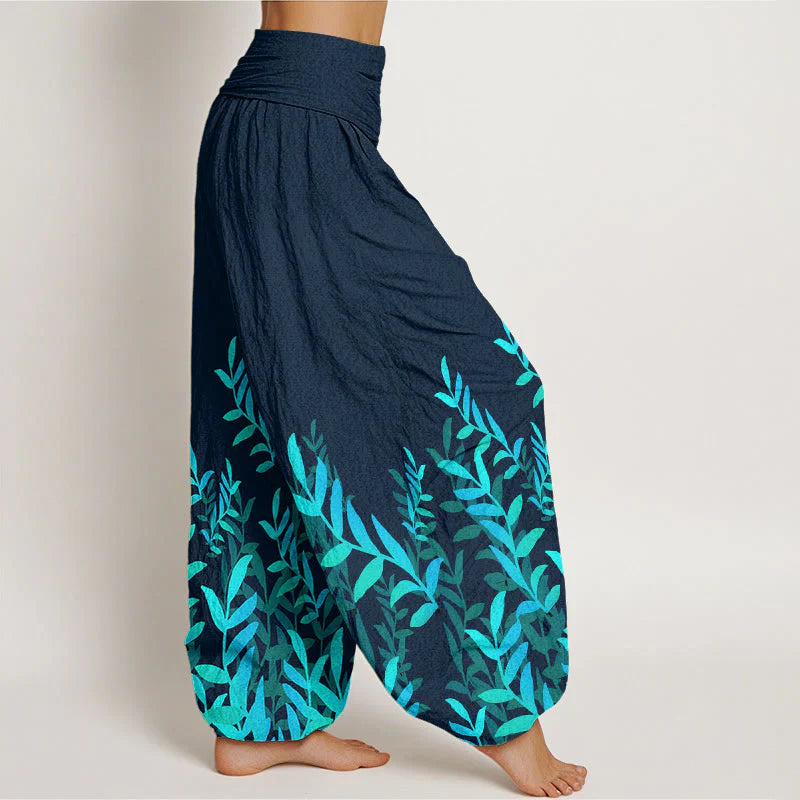 Buddha Stones Cotton Casual Leaves Pattern Women's Elastic Waist Harem Pants