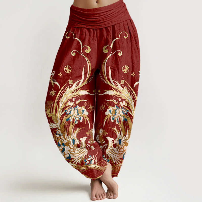 Buddha Stones Cotton Phoenix Butterfly Flower Pattern Women's Elastic Waist Harem Pants