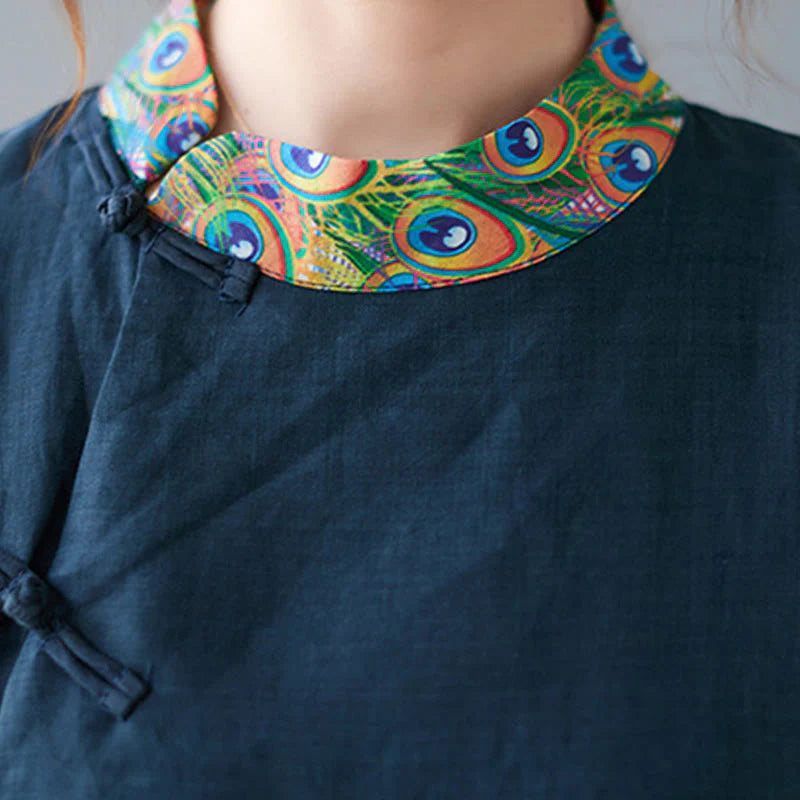 Buddha Stones Fall Colorful Peacocks Mandala Frog-Button Three Quarter Sleeve Cotton Women's Midi Dress