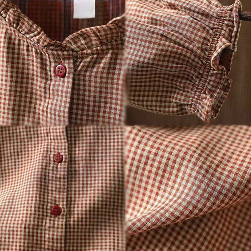 Buddha Stones Fall Tiny Plaid Button Down Ruffle Collar Long Sleeve Women's Cotton Shirt