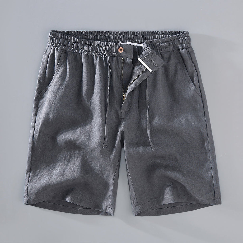 Buddha Stones Summer Solid Color Drawstring Button Design Men's Linen Shorts With Pockets