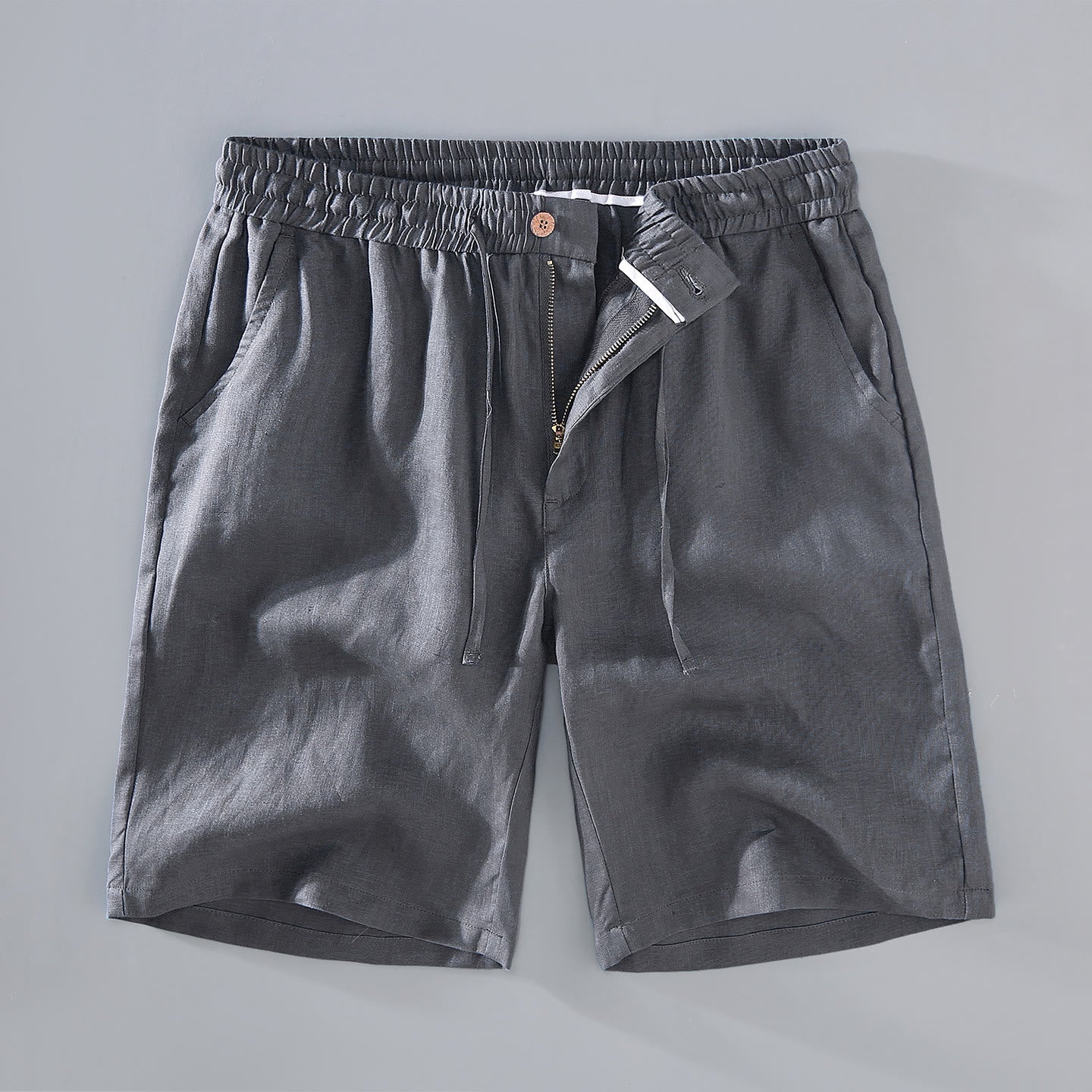 Buddha Stones Summer Solid Color Drawstring Button Design Men's Linen Shorts With Pockets