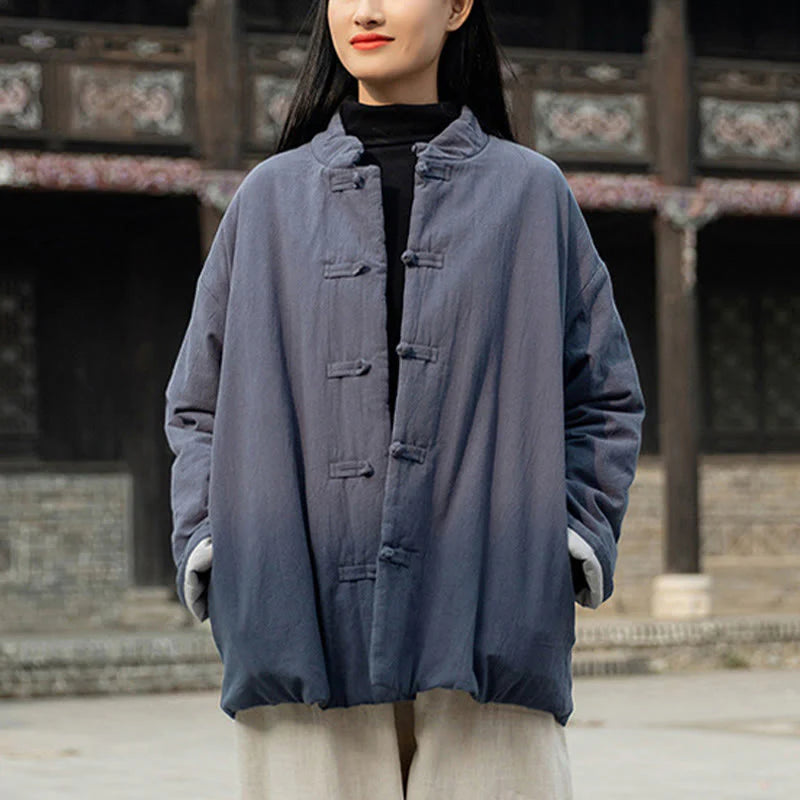 Buddha Stones Winter Solid Frog-Button Long Sleeve Cotton Women's Thermal Jacket With Pockets
