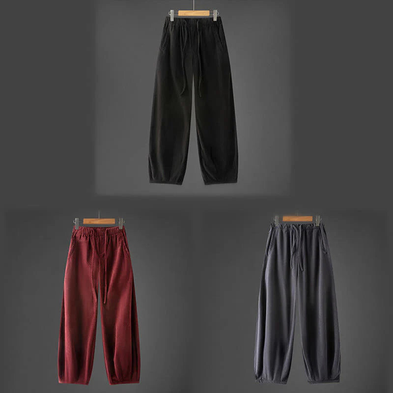 Buddha Stones Winter Men's Drawstring Plain Elastic Waistband Design Corduroy Pants With Pockets