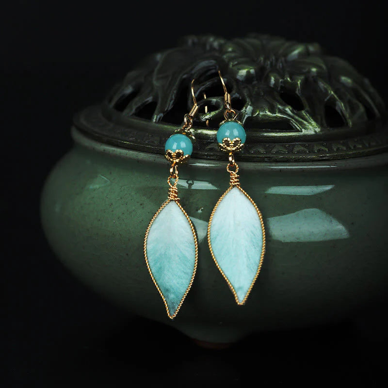 Buddha Stones Handmade Cyan Leaf Copper Plated Silver Hook Protection Drop Earrings