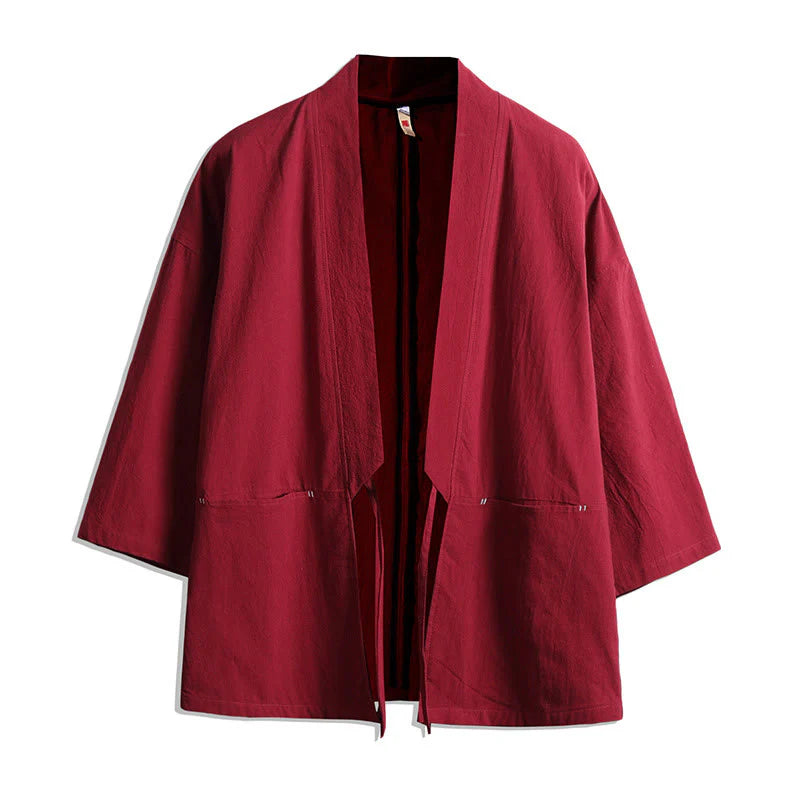 Buddha Stones Solid Color Lace-up Three Quarter Sleeve Open Front Jacket Men's Kimono