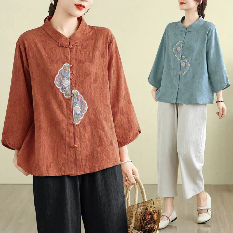 Buddha Stones Flower Embroidery Jacquard Three Quarter Sleeve Frog-Button Cotton Women's Shirt
