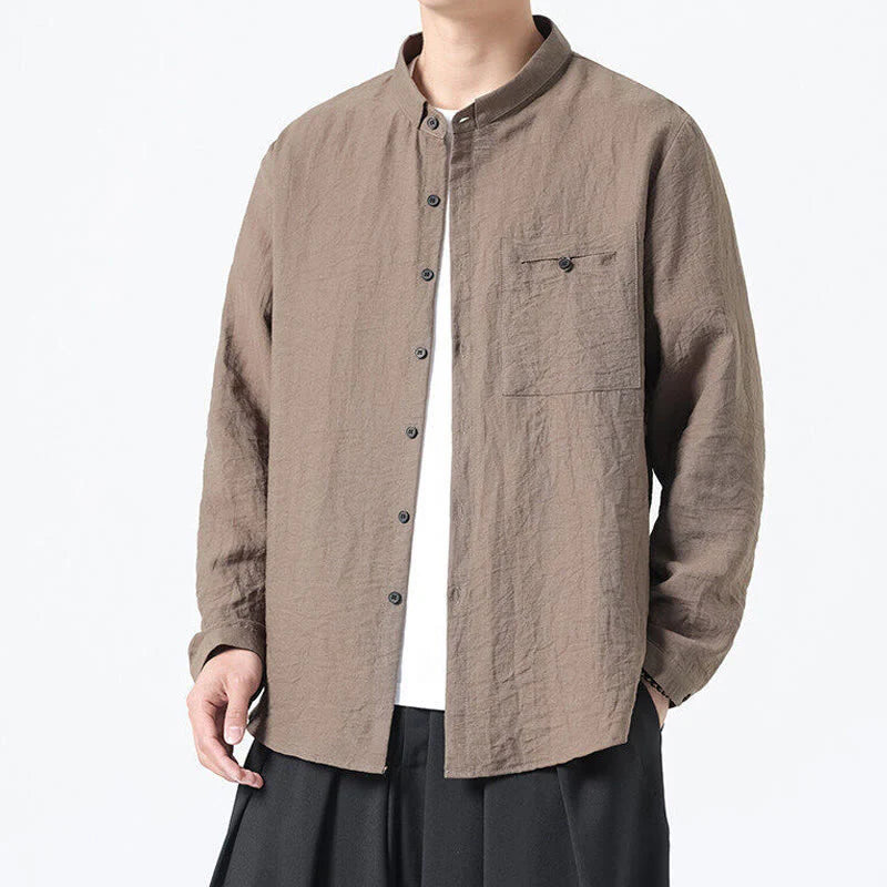 Buddha Stones Vintage Plain Buttons Down Stand Collar Long Sleeve Men's Cotton Shirt
