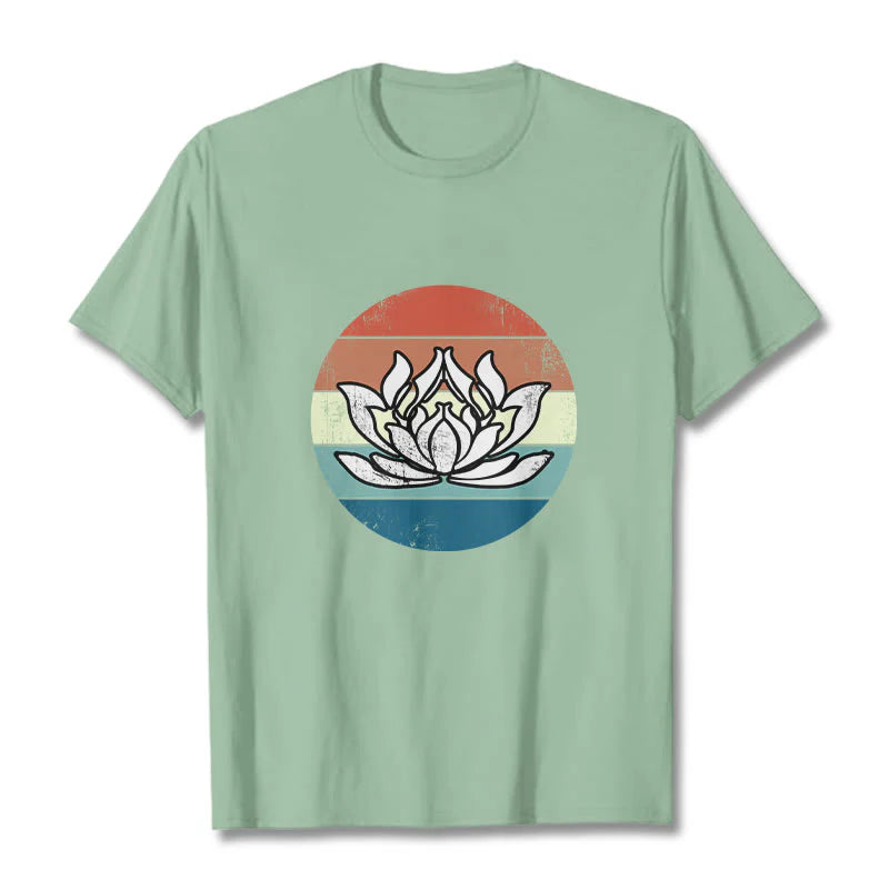 Buddha Stones Blooming Lotus Colorful Striped Pattern Cotton Tee T-shirt