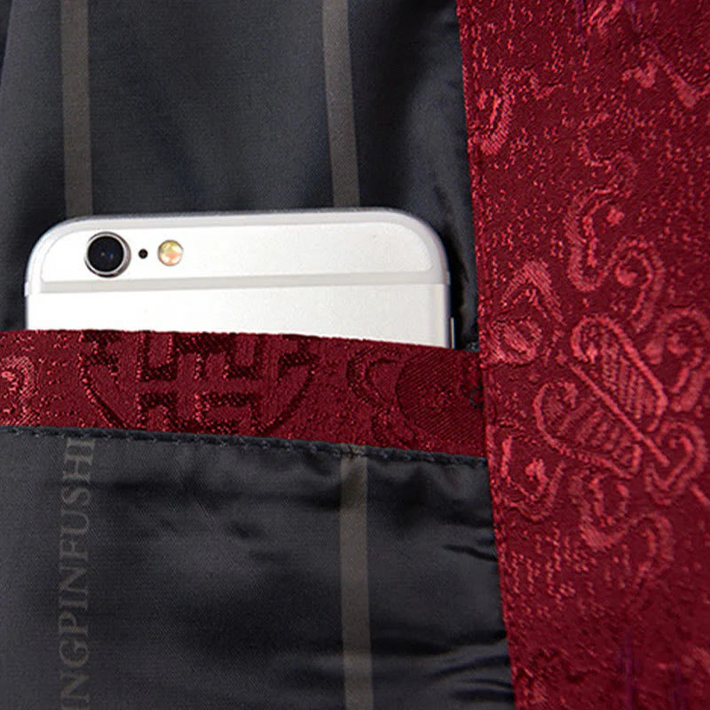 Buddha Stones Embroidery Pattern Stand Collar Long Sleeve Men's Tang Suit Jacket With Pockets
