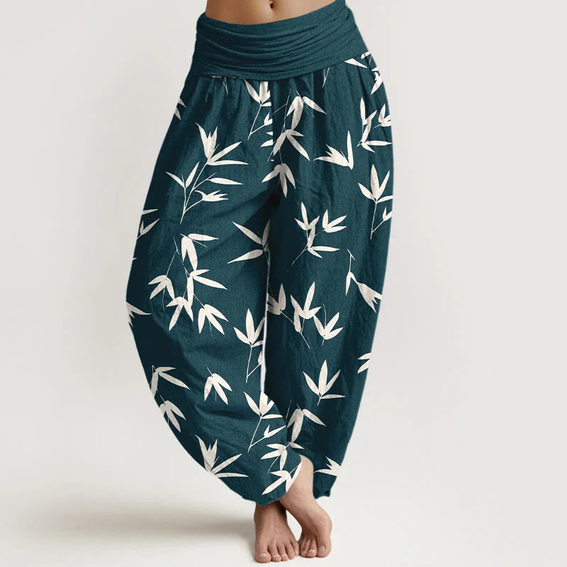 Buddha Stones Pure Cotton Simple Elegant Bamboo Leaf Pattern Women's Elastic Waist Harem Pants