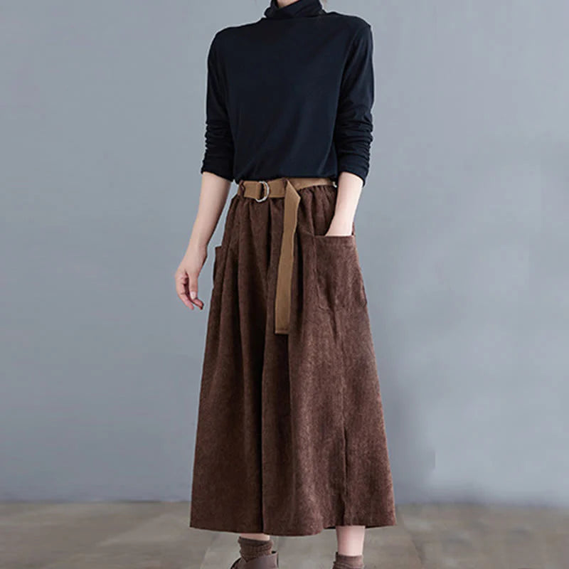 Buddha Stones Retro Women's Wide Leg 7-8 Length Corduroy Pants With Pockets Belt