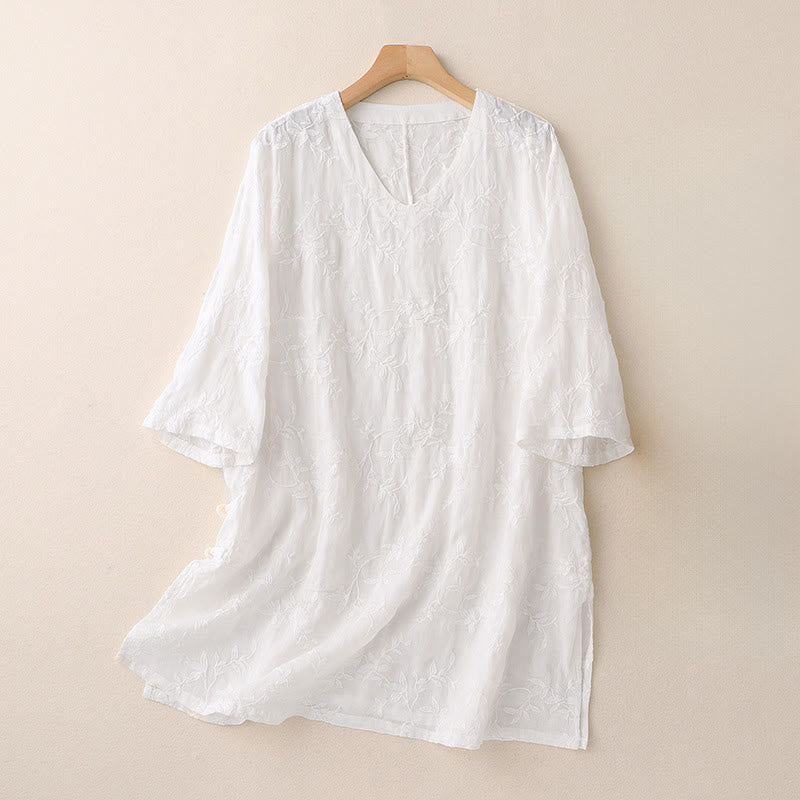Buddha Stones Spring V-Neck Long Sleeve Leaf Pattern Women's Cotton Shirt