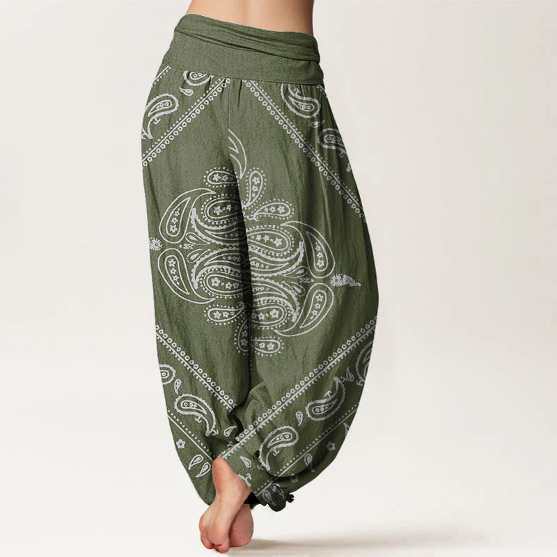 Buddha Stones Cotton Casual Floral Leaf Paisley Pattern Women's Elastic Waist Harem Pants