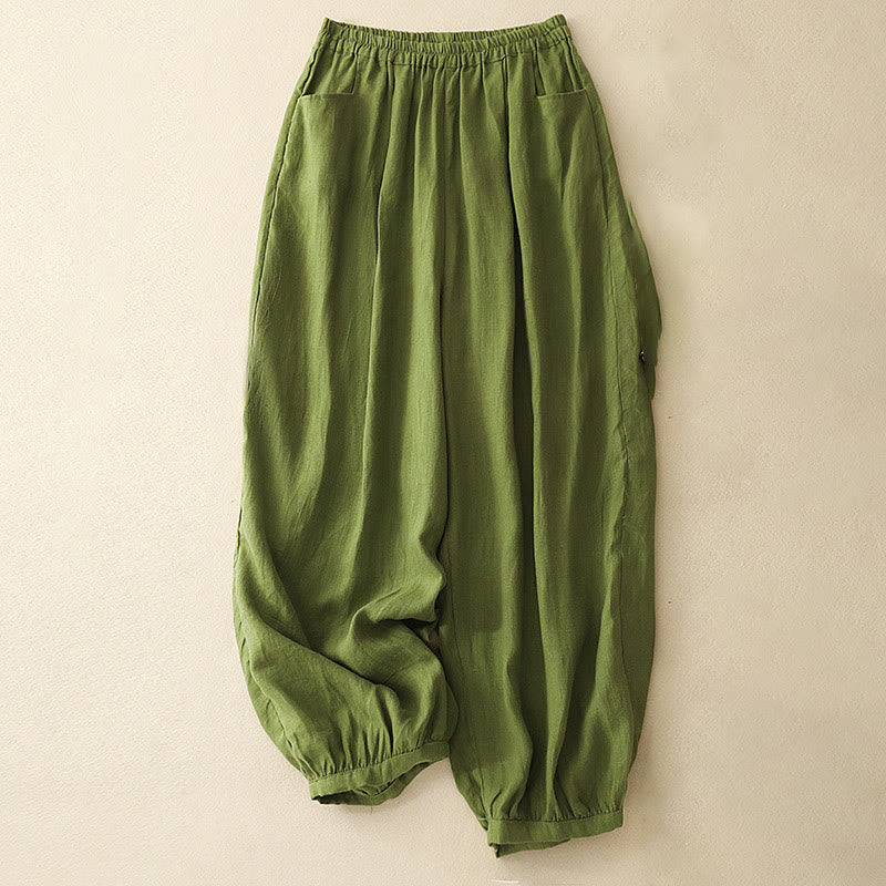 Buddha Stones Summer Commute Pure Color Women's Cotton Ankle-Length Pants With Pockets