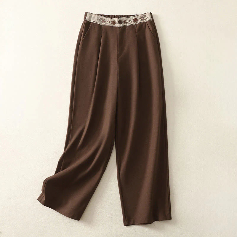 Buddha Stones Women's Embroidery Elastic Waistband Zipper Design Cotton Wide Leg Pants With Pockets