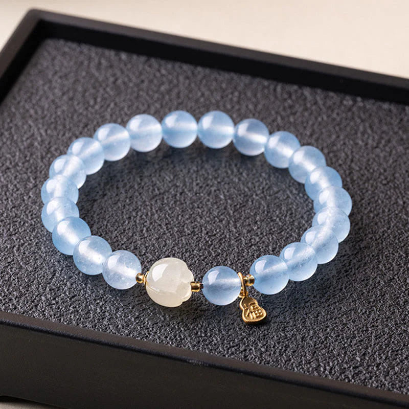 Buddha Stones Natural Aquamarine Fu Character Lucky Fortune Healing Bracelet