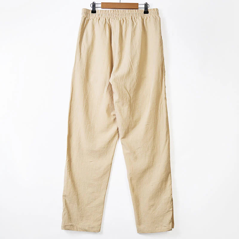 Buddha Stones Solid Color Side Buttons Men's Cotton Pants With Pockets