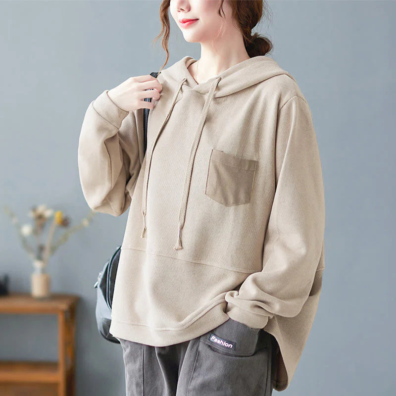 Buddha Stones Fall Solid Color Decorative Pocket Cotton Long Sleeve Women's Hoodie