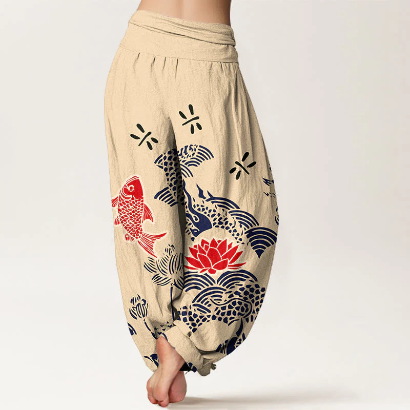 Buddha Stones Pure Cotton Koi Fish Lotus Flowers OceanÂ Women's Elastic Waist Harem Pants