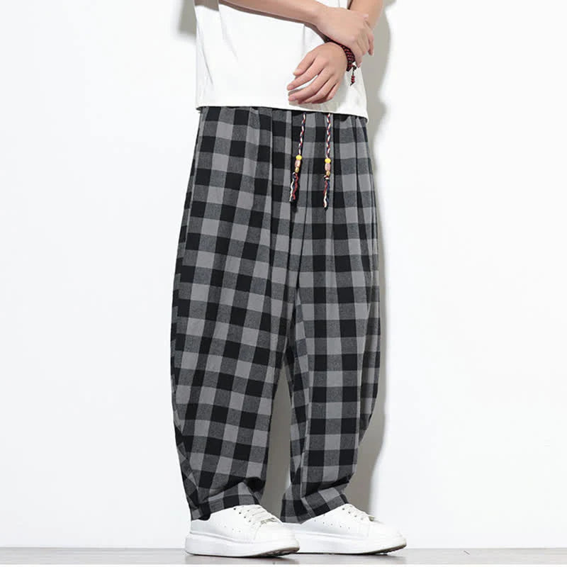 Buddha Stones Summer Plaid Pattern High Waist Drawstring Men's Harem Pants With Pockets