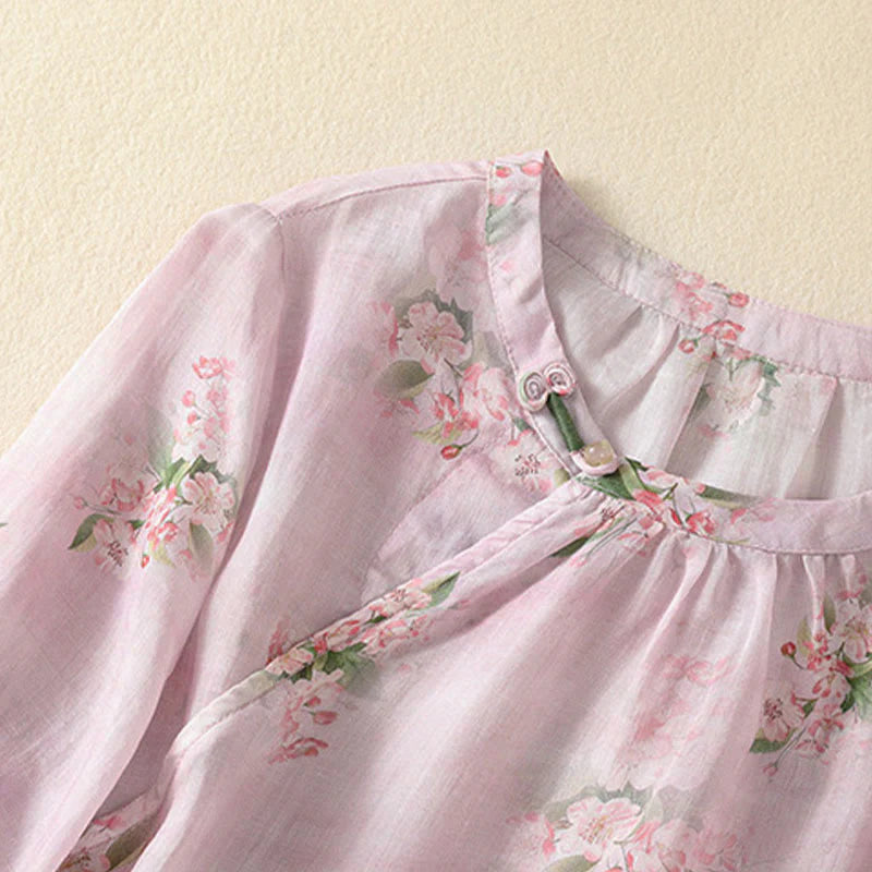 Buddha Stones Crew Neck Casual Frog-Button Floral Print Pattern Blouse Half Sleeve Women's Shirts