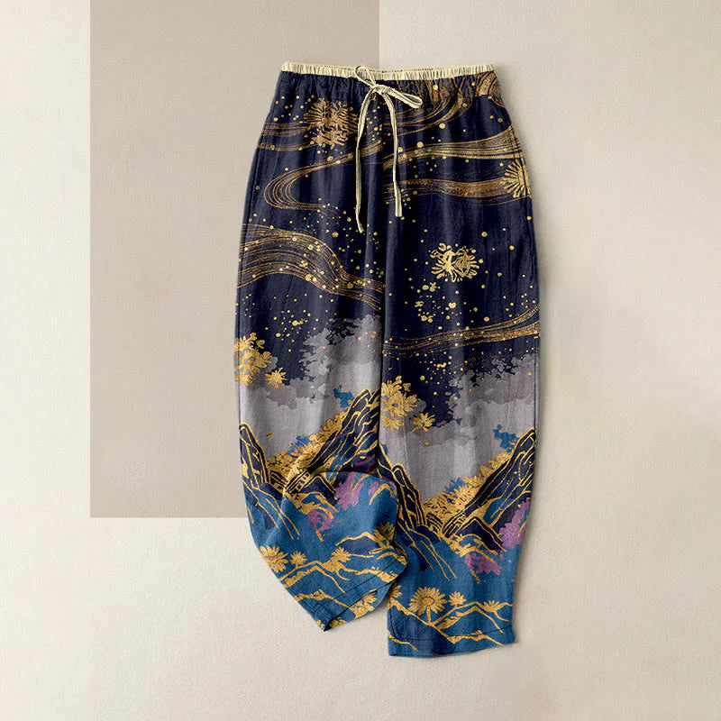 Buddha Stones Pure Cotton Flower Petal Pattern Women's Elastic Waist Pants With Pockets