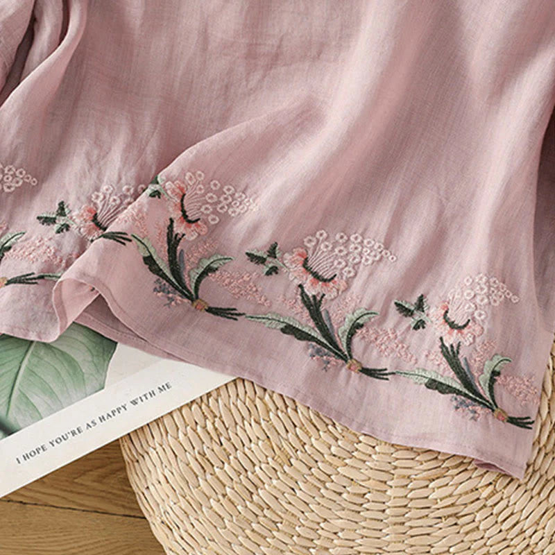 Buddha Stones Casual Floral Embroidery Crew Neck Women's Frog-Button Polyester Half Sleeve Shirt