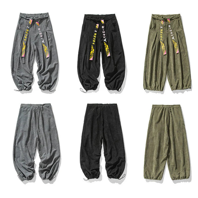 Buddha Stones Fall Winter Lace-up Chinese Character Embroidery Men's Corduroy Pants With Pockets