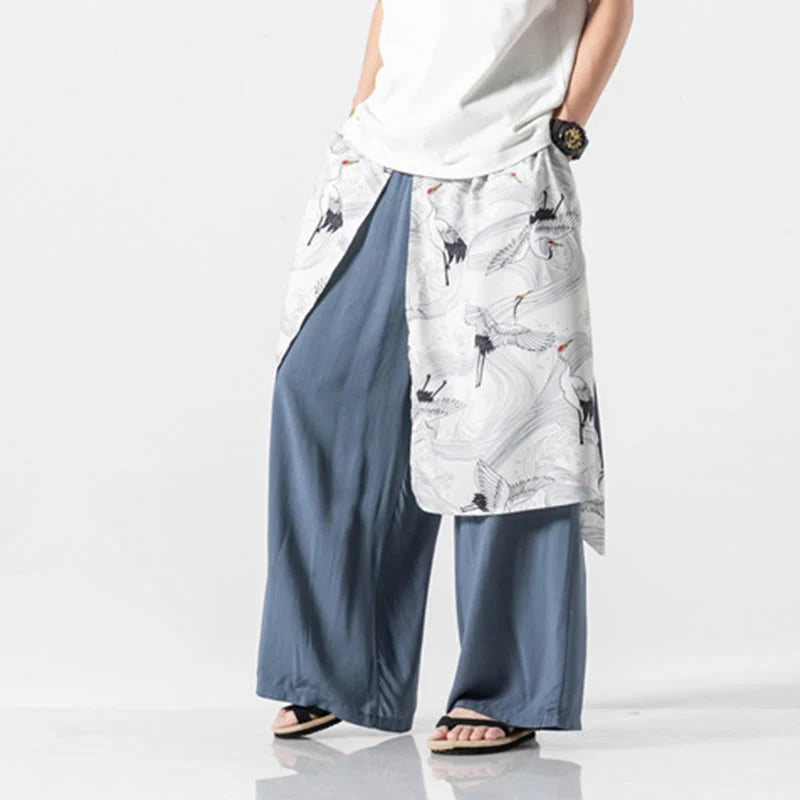 Buddha Stones Summer Flying Crane Design Cotton Men's Wide Leg Pants With Pockets