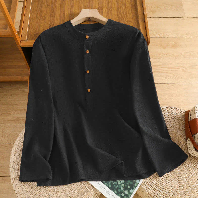 Buddha Stones Summer Casual Pure Color Half Button Simple Design Women's Cotton Linen Half Sleeve Shirt With Pocket