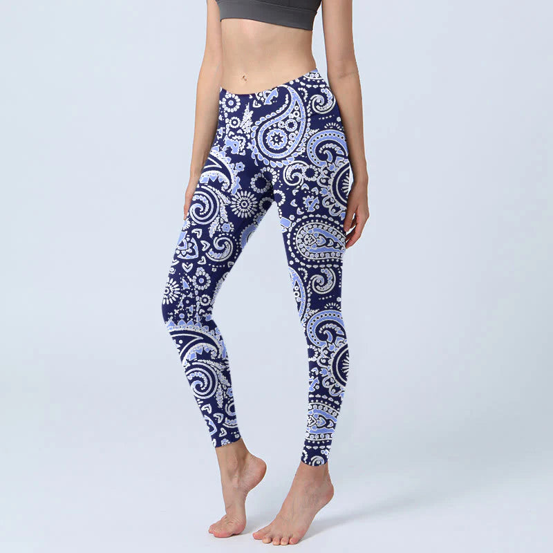 Buddha Stones Purple Blue Cashew Flower Print Gym Leggings Women's Yoga Pants